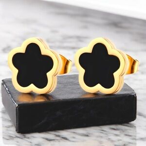 18K Gold PVD Plated Black Flower Stud Earrings